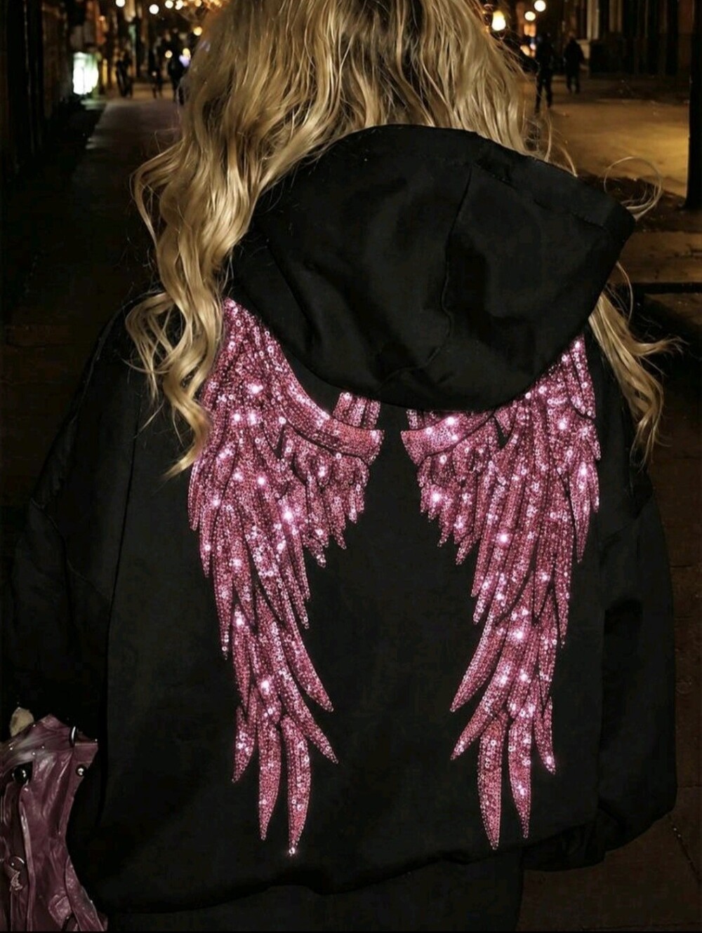 Sequin Embroidered Pink Angel Wings Hooded Sweatshirt Cute Women Sweatshirt